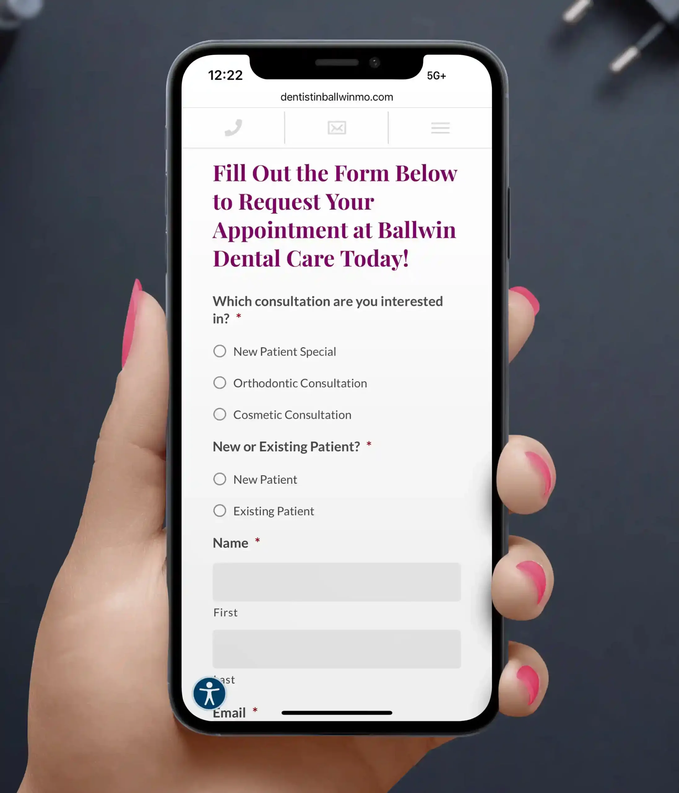Woman Holding Ballwin Dental Care Request Appointment page on iphone
